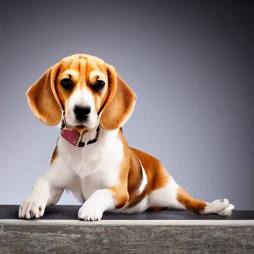 Prompt: gold beagle doing a photoshot with white background