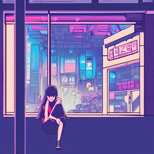 Image similar to cyberpunk girl sitting inside an empty store being looked at through the window in the style of studio ghibli, soft anime illustration, dark neon colors, soft ambience, zoomed in, backlit, lots of details
