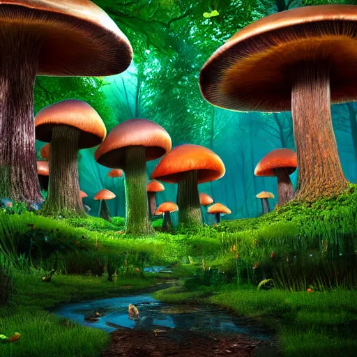 Image similar to giant mushroom forest, hyperrealistic, digital art, unreal engine, hyperdetailed, psychedelic, 4 k, 8 k, artstation, nature