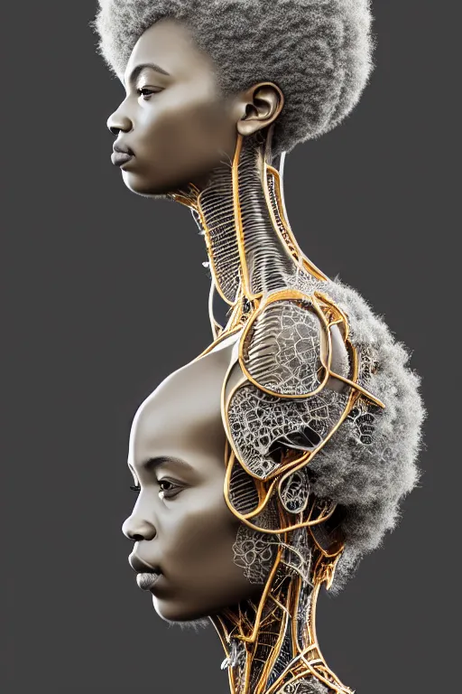 Prompt: complex 3d render ultra detailed of a beautiful porcelain profile afro woman face, biomechanical cyborg, analog, 150 mm lens, beautiful natural soft rim light, big leaves and stems, roots, fine foliage lace, Alexander Mcqueen high fashion haute couture, earring, art nouveau fashion embroidered, steampunk, intricate details, satin silver beautiful grey gold metal details, mesh wire, mandelbrot fractal, anatomical, facial muscles, cable wires, microchip, elegant, hyper realistic, ultra detailed, octane render, H.R. Giger style, volumetric lighting, 8k post-production