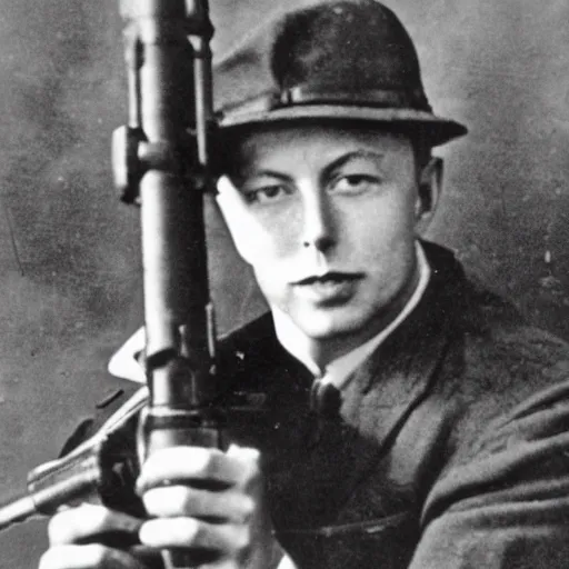 Prompt: old wartime photograph of elon musk holding a lewis gun, 1 9 1 7