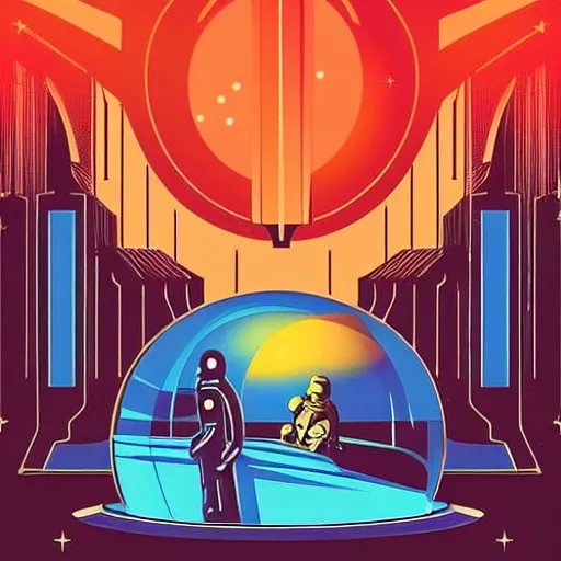 Prompt: “retro sci-fi poster 1950’s astronaut in a futuristic city made of glass, reflection of a female shadow silhouette in the glass helmet, include stars, planets and a moon. It is art deco style, 1950’s, glowing highlights, teal palette. Line art”