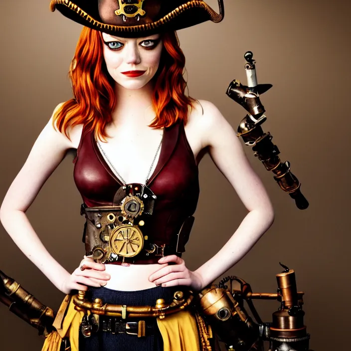 Image similar to full body photograph of emma stone as a steampunk pirate. Extremely detailed. 8k