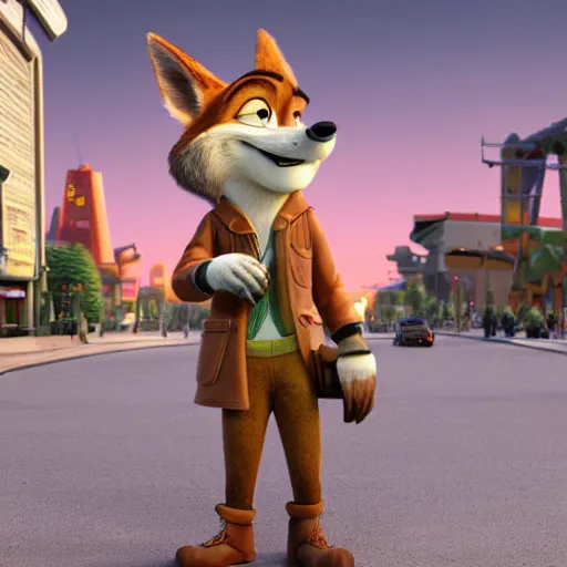 Image similar to full body shot, 3 d render, anthropomorphic coyote male, wearing along brown leather maxi coat, in the style of zootopia, highly detailed attributes and atmosphere, dim volumetric cinematic lighting