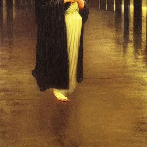 Image similar to a striking esoteric painting of bestie in the rain, dark, metal, black background, occult, by Edward Leighton