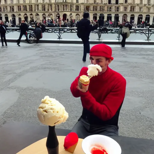 Prompt: satan eating ice cream in paris