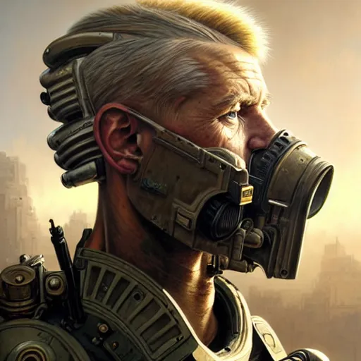 Image similar to portrait painting of a post - apocalyptic blonde older male soldier wearing dieselpunk power armor, ultra realistic, concept art, intricate details, eerie, highly detailed, photorealistic, octane render, 8 k, unreal engine. art by artgerm and greg rutkowski and charlie bowater and magali villeneuve and alphonse mucha