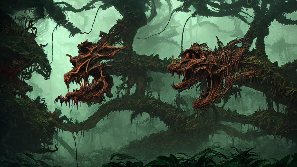 Prompt: a photograph of a decomposing thanatosdrakon in an dark scary jungle, hyper - detailed andreas rocha and anton fadeev