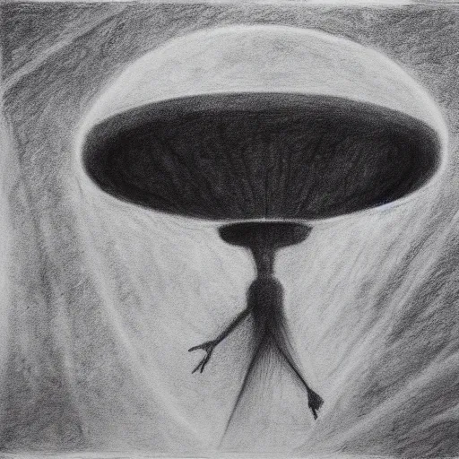 Image similar to Dimension Shift, UFO, reversal of roles, charcoal on paper