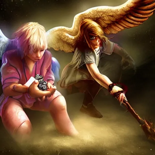 Image similar to an angel playing a video game against a demon