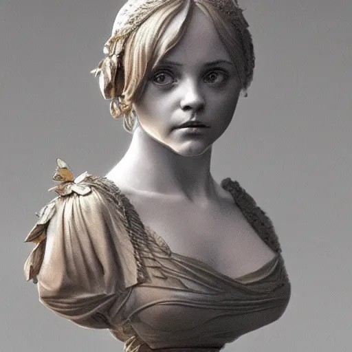 Image similar to beautiful lifelike award winning marble statue bust of christina ricci trending on art station artgerm greg rutkowski alphonse mucha museum quality cinematic atmospheric