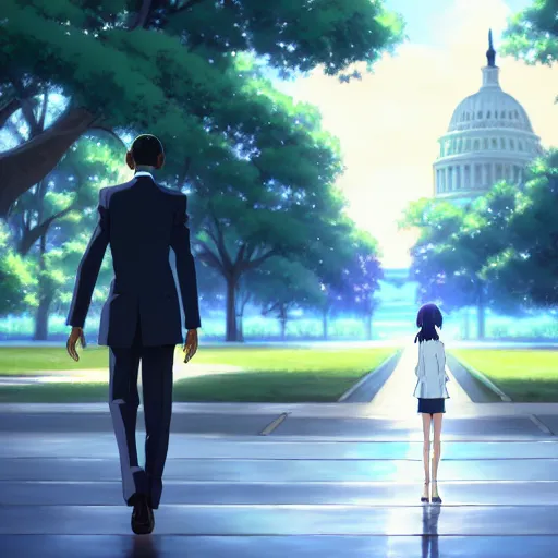 Image similar to beautiful makoto shinkai anime style digital painting portrait of barack obama at the white house walking away from a woman, heartbroken, 4 k, 8 k, hd, high resolution, highly detailed, intricate detail, ultra realistic faces, digital art, trending on artstation, your name, weathering with you