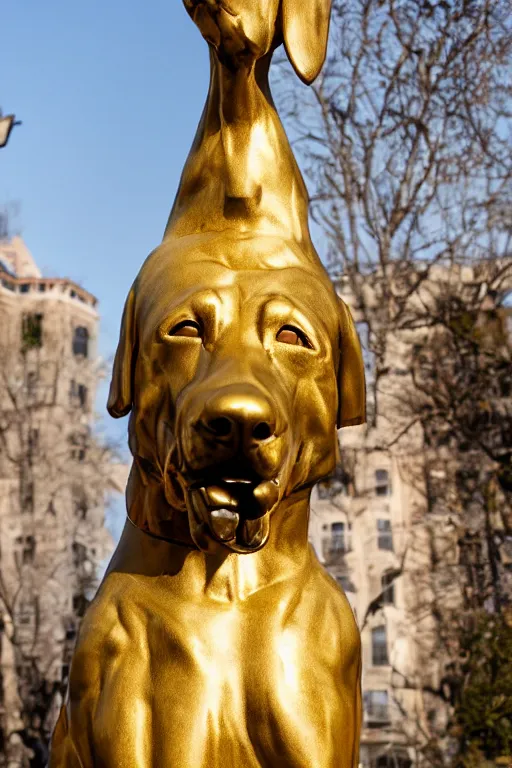 Prompt: a huge golden statue of a dog smiling, photography