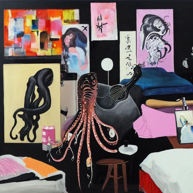 Prompt: a portrait in a female artist's zen bedroom, black walls, a tall girl sleeping, pancakes, sheet music, electric guitar, surgical supplies, ikebana, sensual, octopus, neo - expressionism, surrealism, acrylic and spray paint and oilstick on canvas