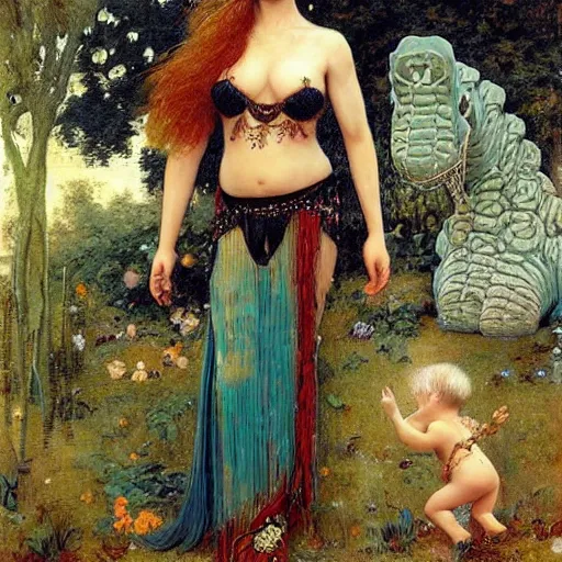 Image similar to epic masterpiece full body portrait a beautiful woman belly dancer, standing next to baby stegosaurus in a garden, by Edgar Maxence and Ross Tran and Michael Whelan