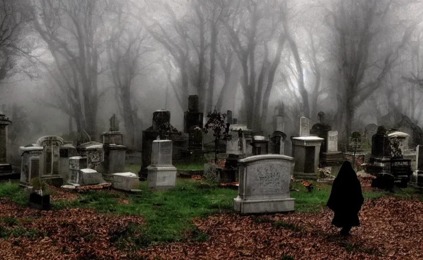 Image similar to a ghost walking though an old cemetary. haunted. night, rain, mist. hyper detailed. movie screencap