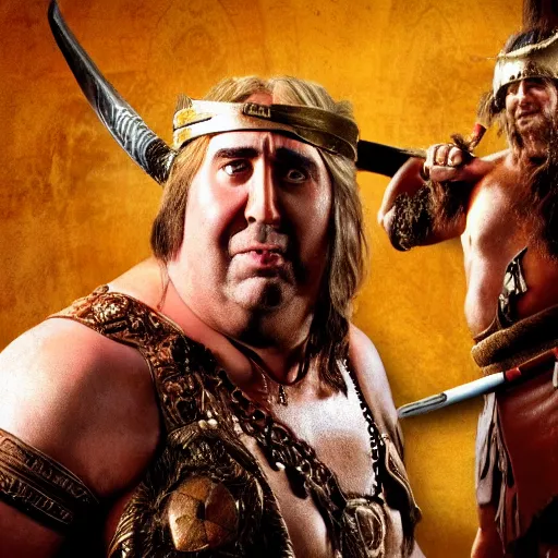 Image similar to a fat nic cage playing conan the barbarian, hd digital photography, mobie still