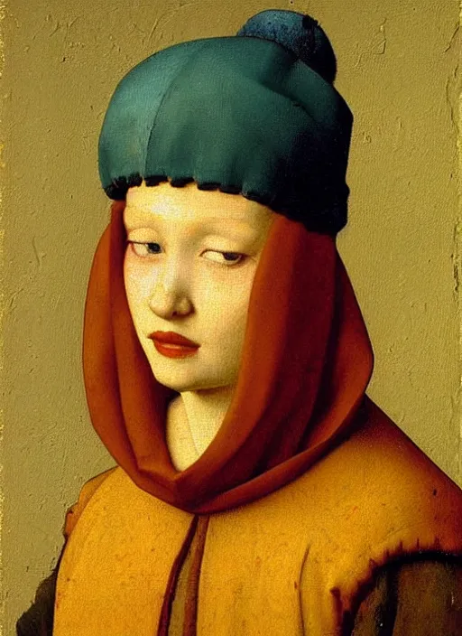 Image similar to red hat, medieval painting by jan van eyck, johannes vermeer