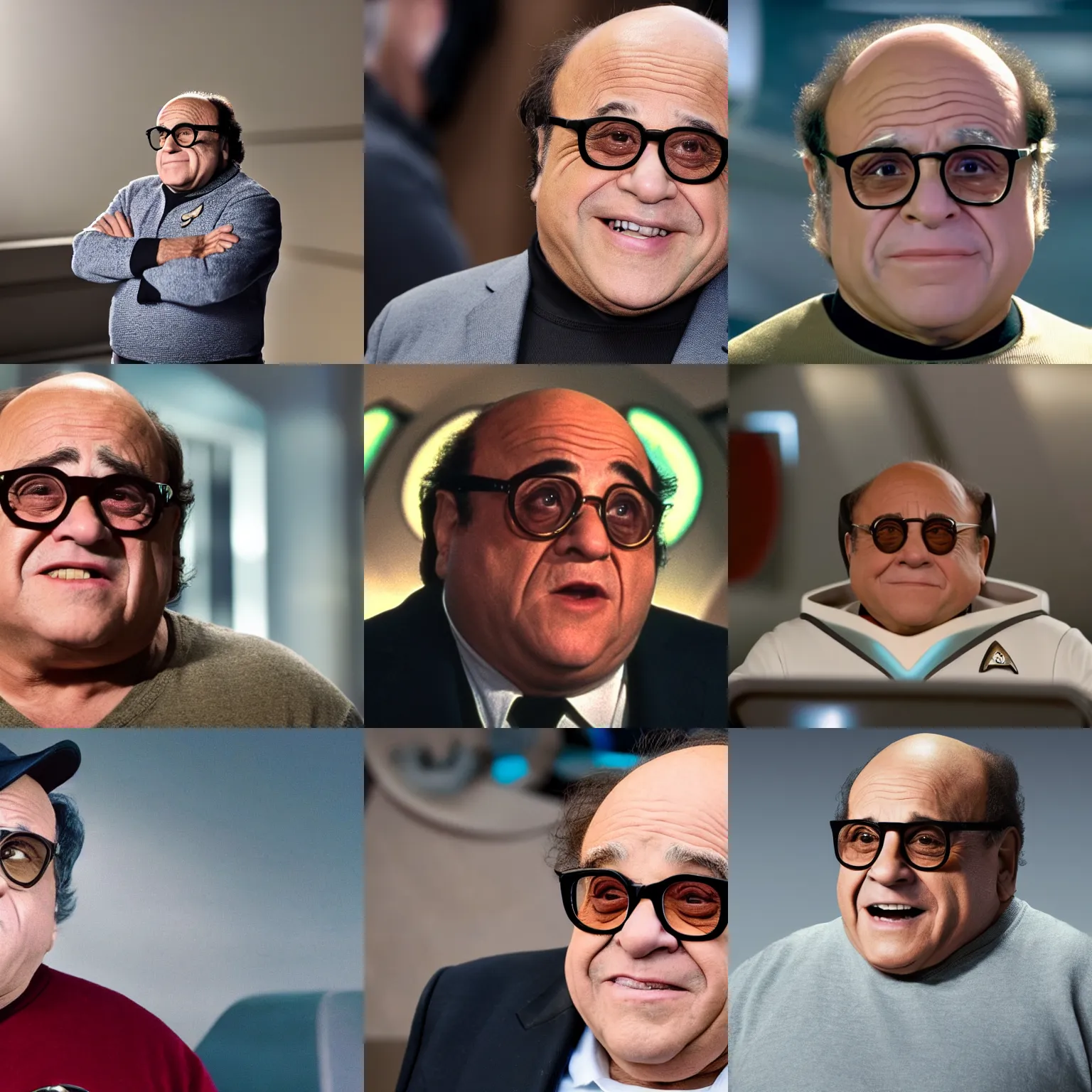 Prompt: Danny DeVito in Star Trek, XF IQ4, f/1.4, ISO 200, 1/160s, 8K, Sense of Depth, color and contrast corrected, unedited, Dolby Vision, symmetrical balance, in-frame