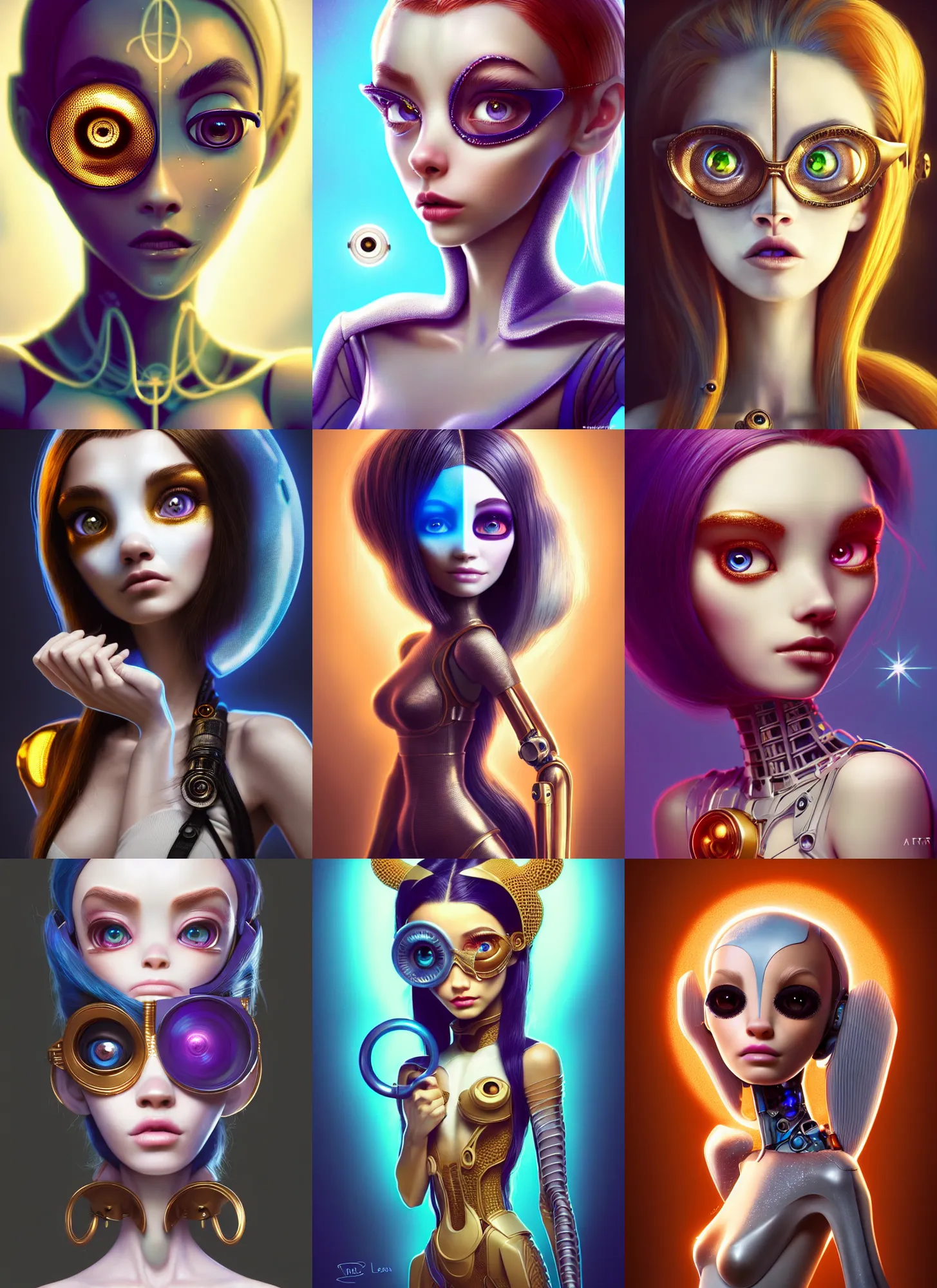 Prompt: pixar portrait 8 k photo, beautiful white avatar honeycomb clowncore madison beer cyborg woman, golden ratio design, sci - fi, fantasy, cyberpunk, intricate, monocle, elegant, highly detailed, digital painting, ever after high, octane render, artstation, concept art, smooth, sharp focus, illustration, art by artgerm, loish, wlop