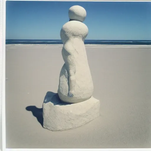 Prompt: Polaroid of a sculpture at the beach