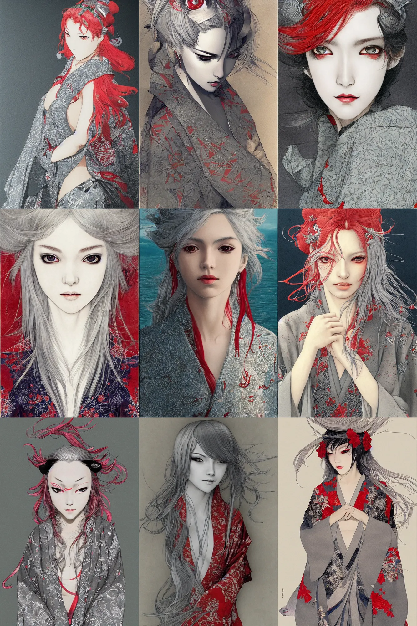 Prompt: girl, silver hair, kimono with red fish patterns, trending on artstation, detailed, looking to camera, body shot, ilustration by (Takehiko Inoue and) Yoann Lossel