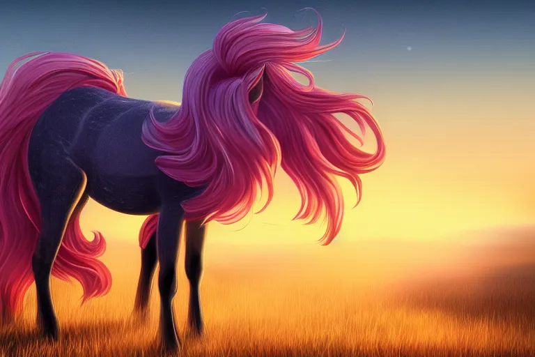 Prompt: Pinkie Pie sitting down viewed from behind, gazing off into the horizon, professional equine photography and mood lighting, flowing mane and tail, relaxed expression, subtle fog, fireflies, realistic digital art, 4k