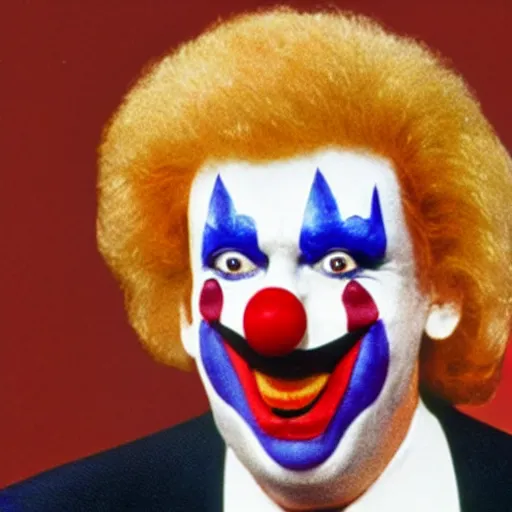 Image similar to photo of an 8 0's television with a president that has a clown face giving a speech