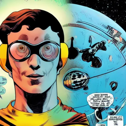 Image similar to Alex Ross and Sergio Bleda and Jérémy Petiqueux and Alex Maleev artwork of a boy super scientist in a retro space costume