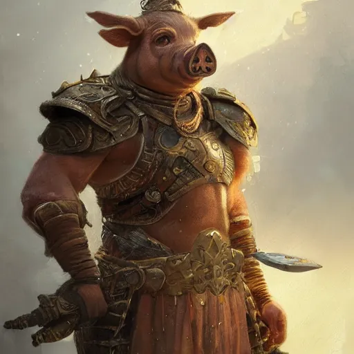 Prompt: a detailed portrait of a pig warrior dressed with a post - apocaliptyc armor, by justin gerard and greg rutkowski, digital art, realistic painting, dnd, character design, trending on artstation