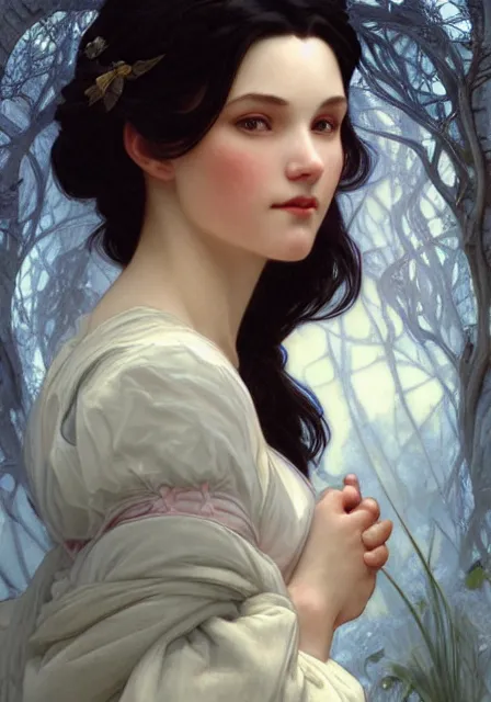 Image similar to snow white, intricate, elegant, highly detailed, digital painting, artstation, concept art, smooth, sharp focus, illustration, art by artgerm and greg rutkowski and alphonse mucha and william - adolphe bouguereau