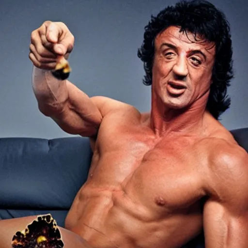 Image similar to sylvester stallone eating doritos sitting on a couch on mars