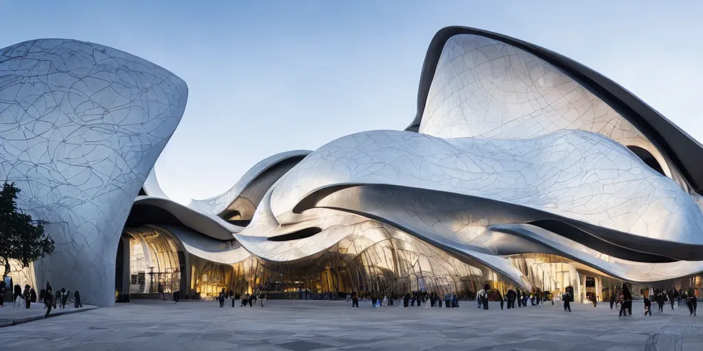 Image similar to extremely detailed ornate stunning sophisticated beautiful elegant futuristic museum exterior by Zaha Hadid, stunning volumetric light, stainless steal, concrete, translucent material, beautiful sunset, tail lights