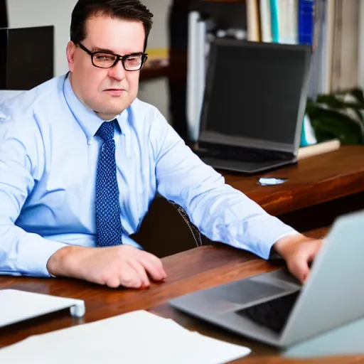 Image similar to Chubby clean-shaven white businessman sitting at a wooden conference table typing on a laptop keyboard, his right black shoe is resting on table next to laptop