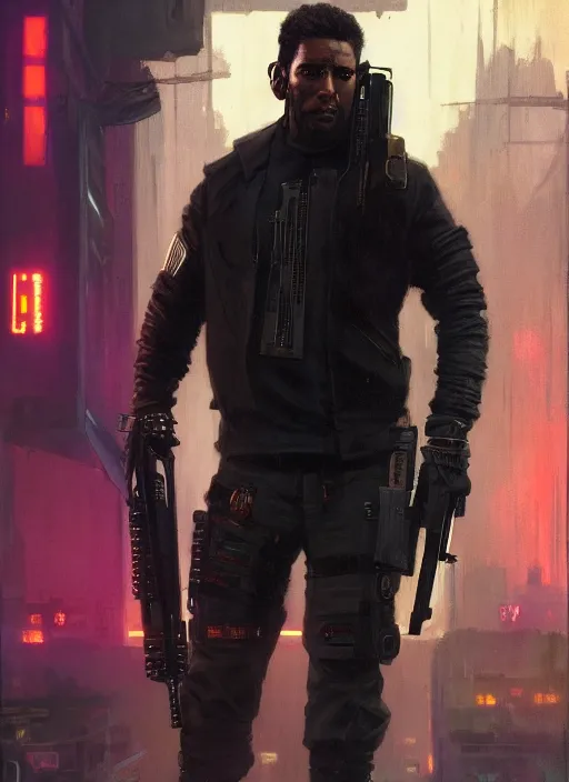 Prompt: Modern Fredrick Douglas. Cyberpunk assassin in tactical gear. blade runner 2049 concept painting. Epic painting by Craig Mullins and Alphonso Mucha. ArtstationHQ. painting with Vivid color. (rb6s, Cyberpunk 2077, matrix)