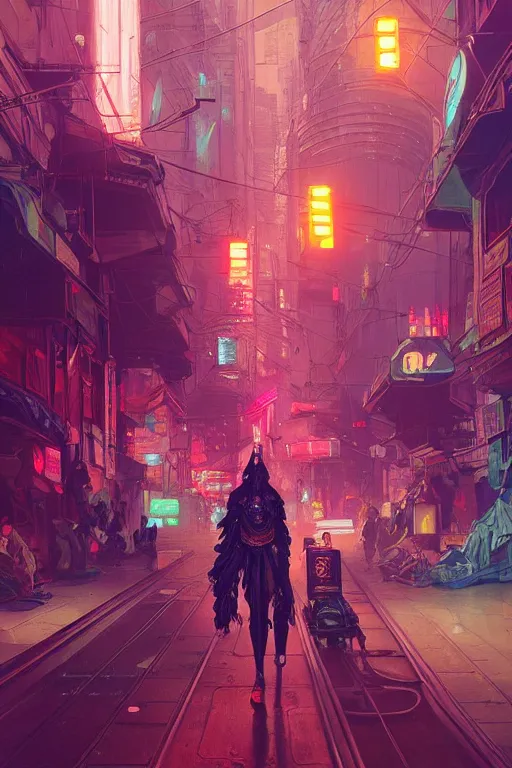 Prompt: futuristic cyberpunk, streets of calcutta , tram, sci-fi, fantasy, intricate, very very beautiful, elegant, neon light, highly detailed, digital painting, artstation, concept art, smooth, sharp focus, illustration, art by alphonse mucha and tian zi and WLOP