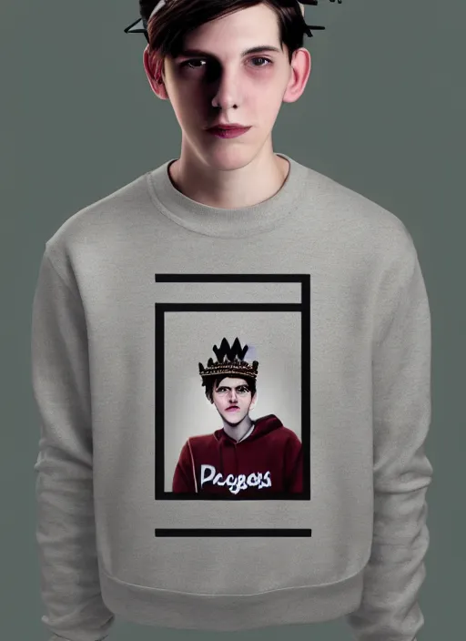 Image similar to portrait of teenage jughead jones wearing a light grey crown, photorealistic, crown, eyes closed, crown, black hair, sweater with letter s on it, letter s, intricate, elegant, glowing lights, highly detailed, digital painting, artstation, concept art, smooth, sharp focus, illustration, art by wlop, mars ravelo and greg rutkowski