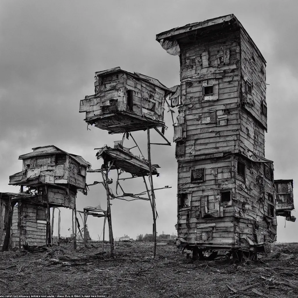 Prompt: high towers, made up of colourful makeshift squatter shacks, bleached, misty, moody sky at the back, dystopia, mamiya, f 1 1, fully frontal view, very detailed, ultra sharp, photographed by roger ballen