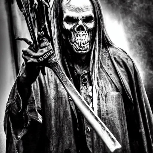 Prompt: bill moseley stealing the grim reaper's weapon, realistic horrors