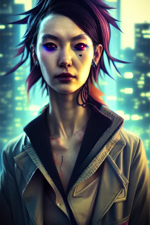 Prompt: hyperdetailed close portrait of a woman in a worn out suit in a cyberpunk city inspired by ross tran and wlop and masamune shirow and kuvshinov, concept art, intricate, photorealistic, octane render, rtx, hdr, unreal engine, dnd digital art by artgerm