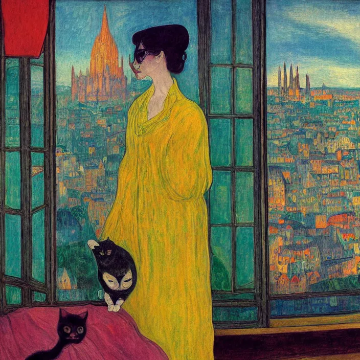 Prompt: close portrait of woman in transparent vaporous night gown with cat and aloe vera, with city with gothic cathedral seen from a window frame with curtains. sun through the clouds, vivid iridescent colors. agnes pelton, egon schiele, munch, henri de toulouse - lautrec, utamaro, monet