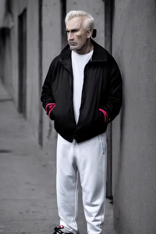 Prompt: extreme long shot. mid-aged blonde russian man in white adidas pants. black jacket. white sneakers. sad face. staying on the street. 4k, 8k, hyprerealistic, trending on artstation, masterpiece