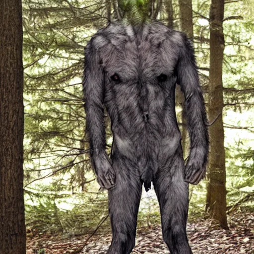 Prompt: human wolf werecreature, wolf torso, photograph captured at woodland creek