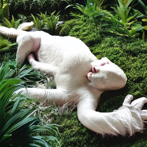 Prompt: realistic still image of falkor sleeping in a lush garden