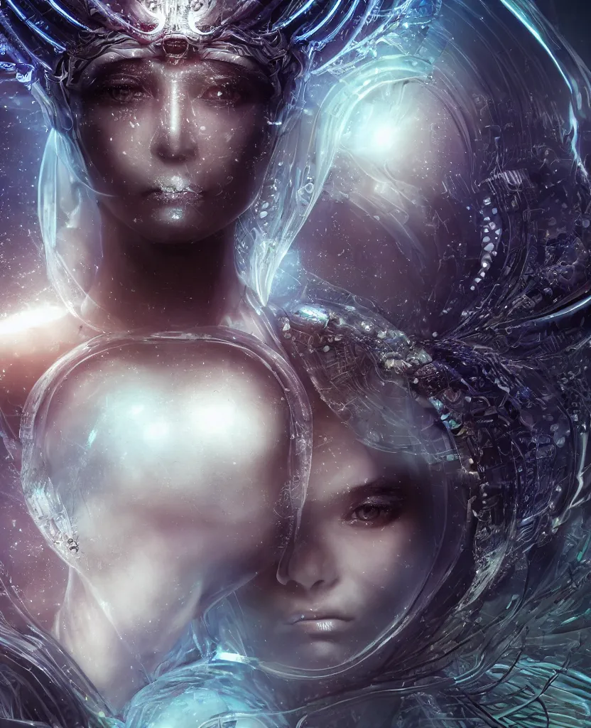 Image similar to epic futuristic ancient close-up macro portrait of the face of a beautiful princess, epic angle and pose, symmetrical artwork, 3d with depth of field, blurred background, cybernetic jellyfish crystal, obsidian, female face skull phoenix bird, translucent, nautilus, energy flows of water and fire. a highly detailed epic cinematic concept art CG render. made in Maya, Blender and Photoshop, octane render, excellent composition, cinematic dystopian brutalist atmosphere, dynamic dramatic cinematic lighting, aesthetic, very inspirational, arthouse. y Greg Rutkowski, Ilya Kuvshinov, WLOP, Stanley Artgerm Lau, Ruan Jia and Fenghua Zhong