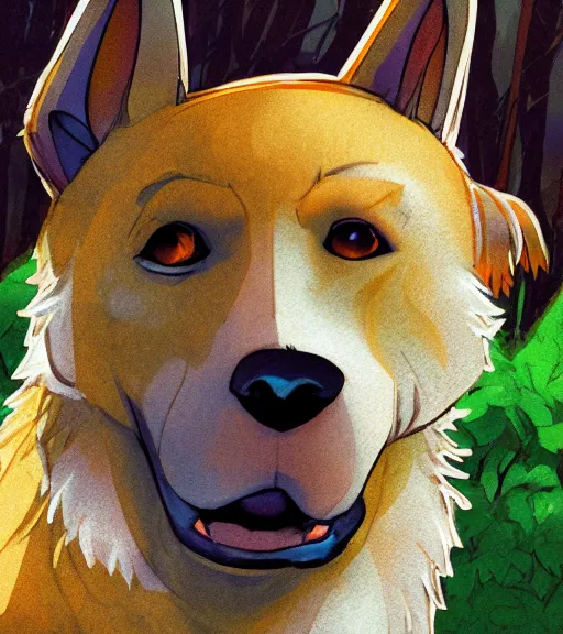 Image similar to close up character portrait icon of the anthro anthropomorphic very cute jindo dog trader head stylized animal person fursona wearing clothes standing in the bright forest, hidari, color page, tankoban, 4 k, tone mapping, akihiko yoshida