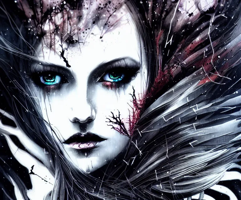 Image similar to stunning otherworldly gothic goddess of beauty, dark and mysterious, atmospheric, ominous, eerie, cinematic, epic, 8 k, 4 k, ultra detail, ultra realistic, rendered by awesomeness. nights falling wind is blowwing snow is pilling concept art in style of carne griffiths artwork by xsullo