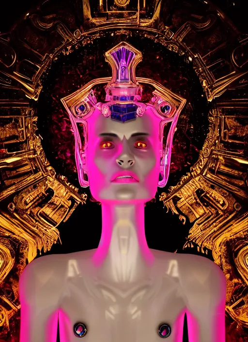 Image similar to photo of baroque and bladerunner delicate neon sapphire sculpture of seductive onyx albino king adrien sahores geometric pink iridescent humanoid deity wearing black fluffy hoody holding diamond skull in a black metallic dungeon, reclining, glowing rainbow face, crown of white diamonds, cinematic lighting, photorealistic, octane render 8 k depth of field 3 d