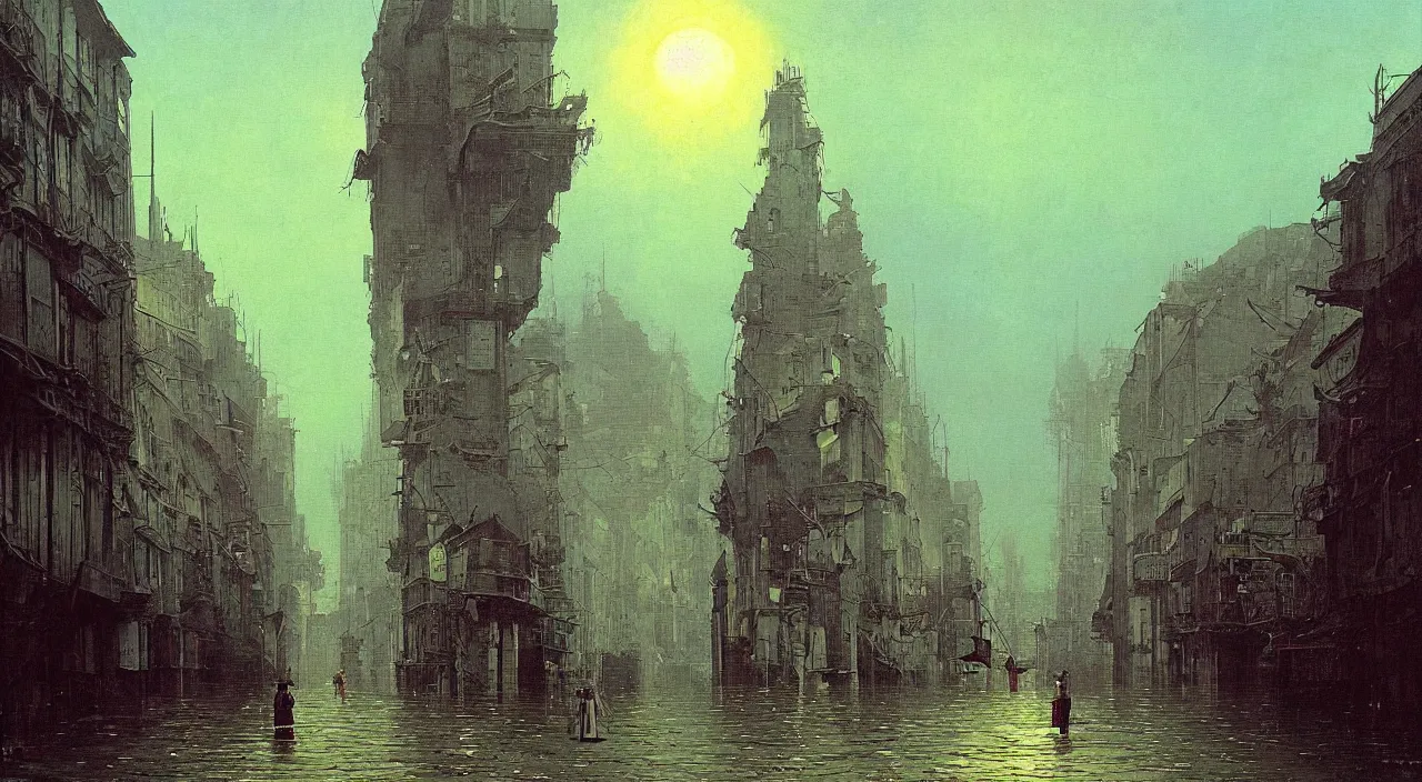 Image similar to a high contrast! painting of an old flooded empty street by bruce pennington carl spitzweg rene magritte, full - length view, psychedelic, surreal, distorted, vivid colors, symmetry, great composition, high detail, cinematic lighting, masterpiece