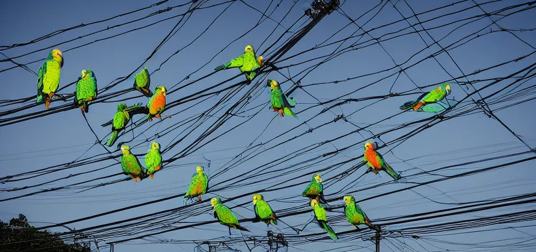 Prompt: a 3 5 mm photography at night, camera with strong flash on, of a lot of green parrots on the power lines taken by yoshinori mizutani - h 9 6 0